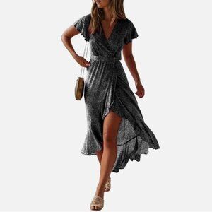 NEW Zesica Floral Wrap Dress Womens Large L Black Ruffle Casual Ditsy Boho TT04X